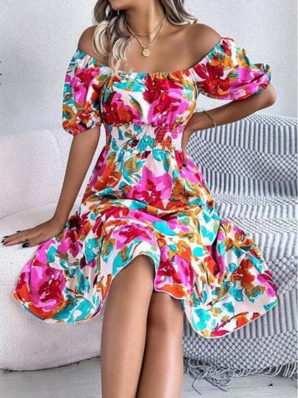 / Bubble Sleeves Drawstring Floral Mini Dress